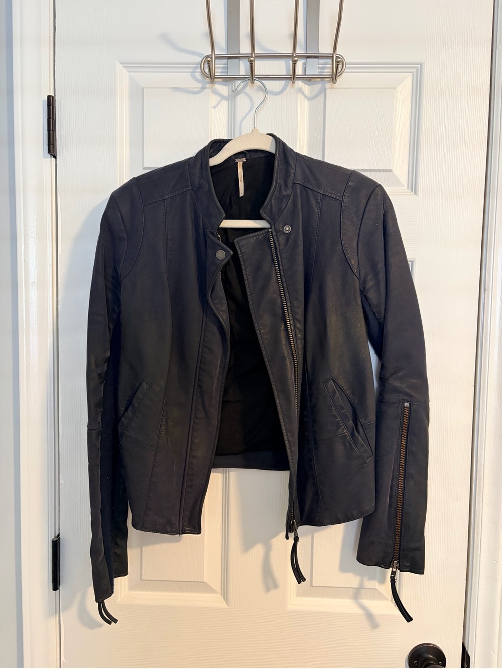 Free People Navy Leather Moto Jacket